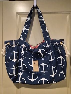 Flipped Bird Navy Anchor Canvas Tote Bag with Rope Accents